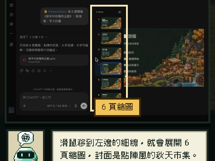 遊戲裡的實戰教學:ChatGPT 的真實畫面上,金色的框框住「6 頁縮圖」,游標指著要點的地方,下面是對話框
